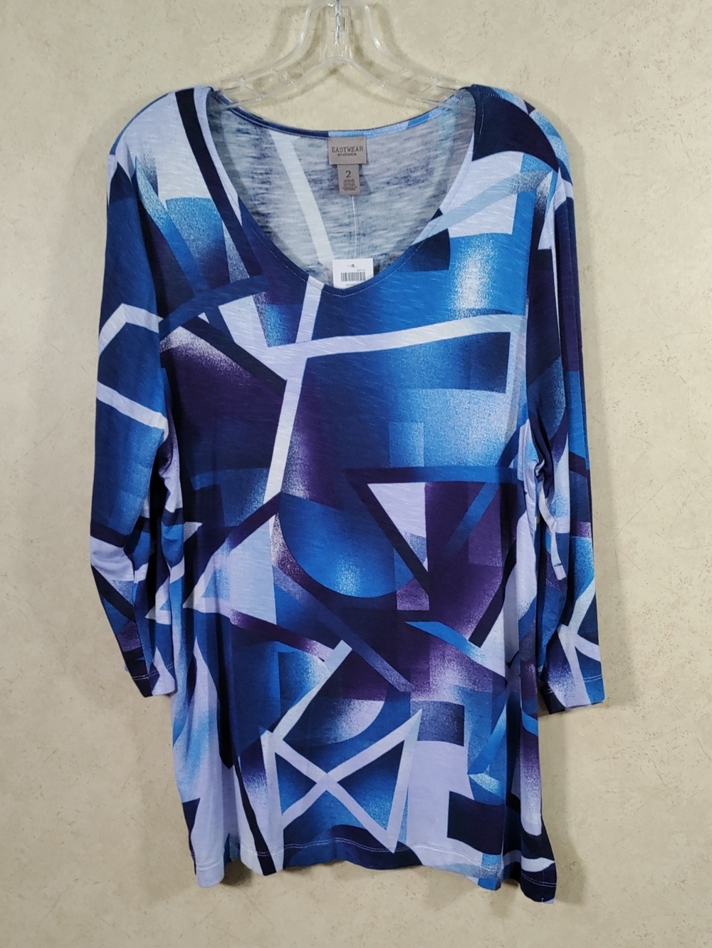 H196 Chico's Easywear blue & purple Muriel St. 3/4 sleeve knit top 2 L NWT